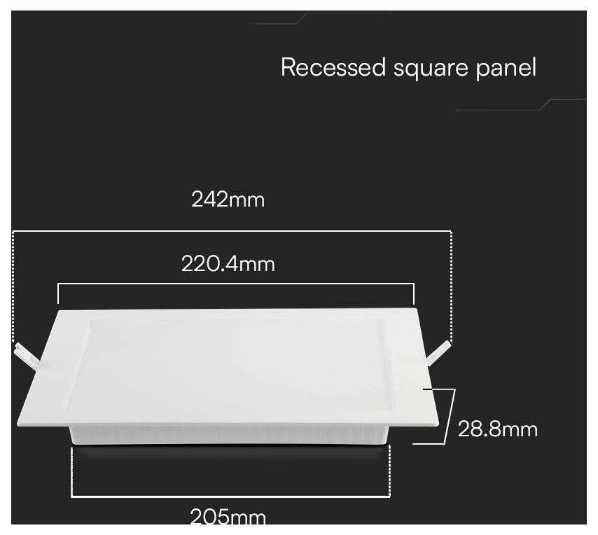 "Zapuštěný čtvercový panel" s rozměry: 242 mm šířka, 220,4 mm vnitřní šířka, 205 mm základní šířka, 28,8 mm výška.