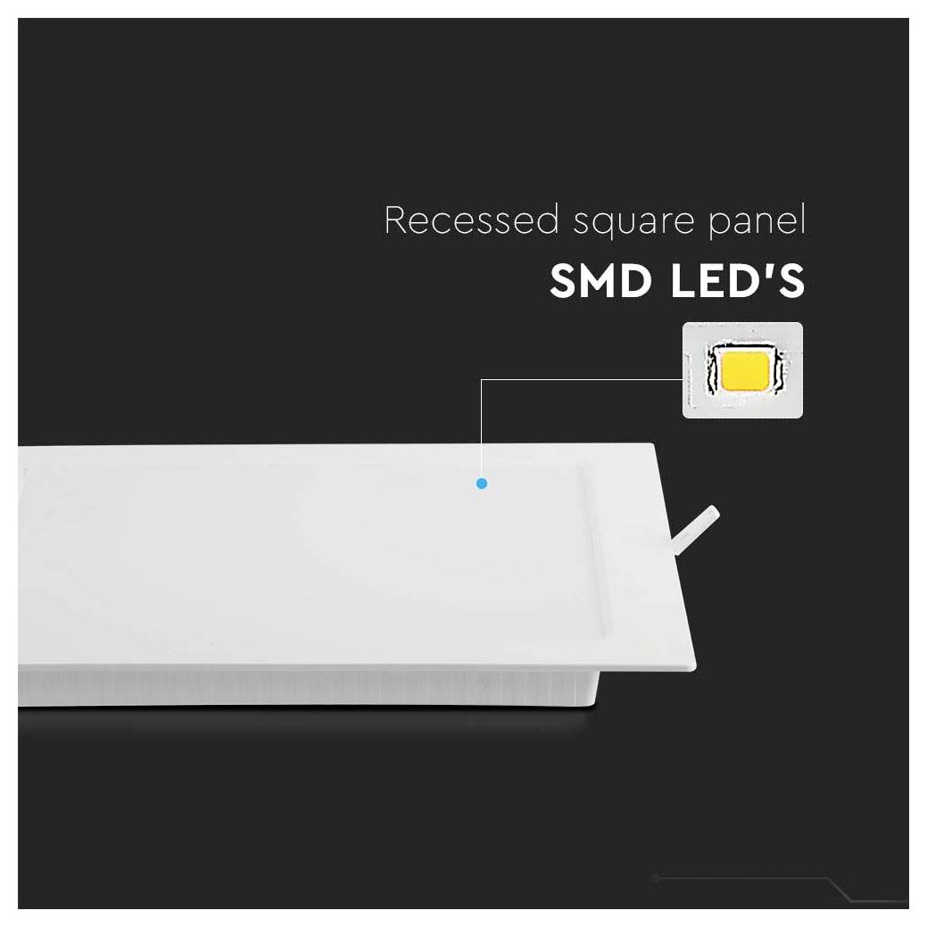 "Zapuštěný čtvercový panel SMD LED" s obrázkem bílého čtvercového LED panelu na tmavém pozadí.