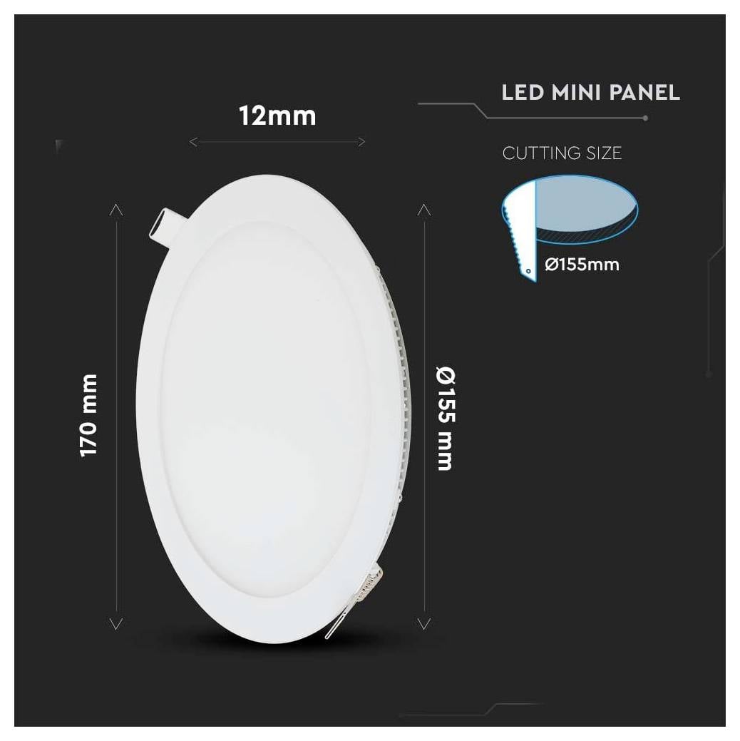 LED mini panel o velikosti výřezu 155 mm v průměru a tloušťce 12 mm. Celkový průměr panelu je 170 mm.