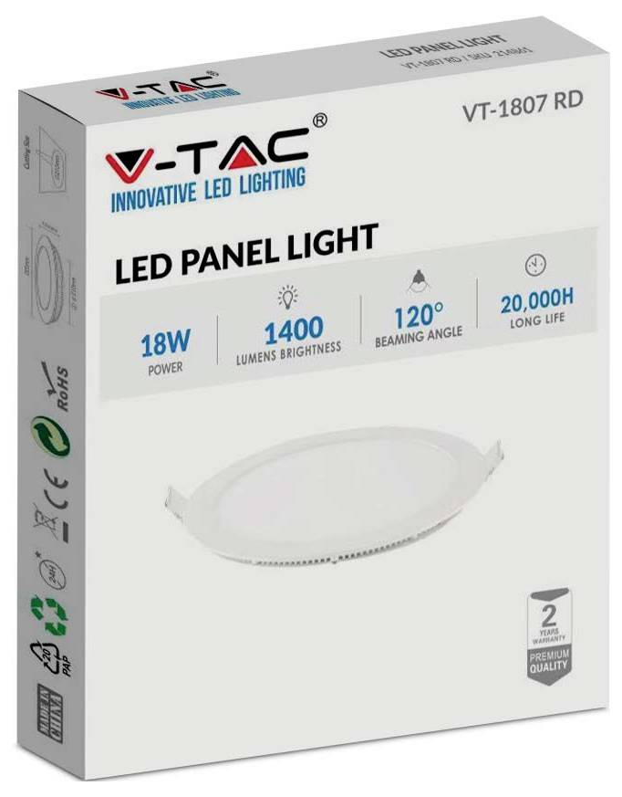 'V-TAC 18W LED panel', 1400 lumenů, úhel svitu 120°, životnost 20 000 hodin, 2letá záruka. Krabice s obrázkem výrobku a specifikacemi.