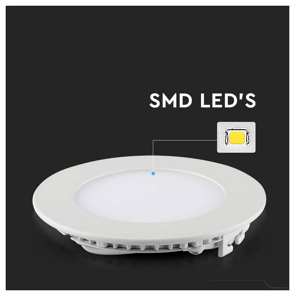 Kulaté bílé stropní LED světlo s popiskem zvýrazňujícím "SMD LED" na černém pozadí.