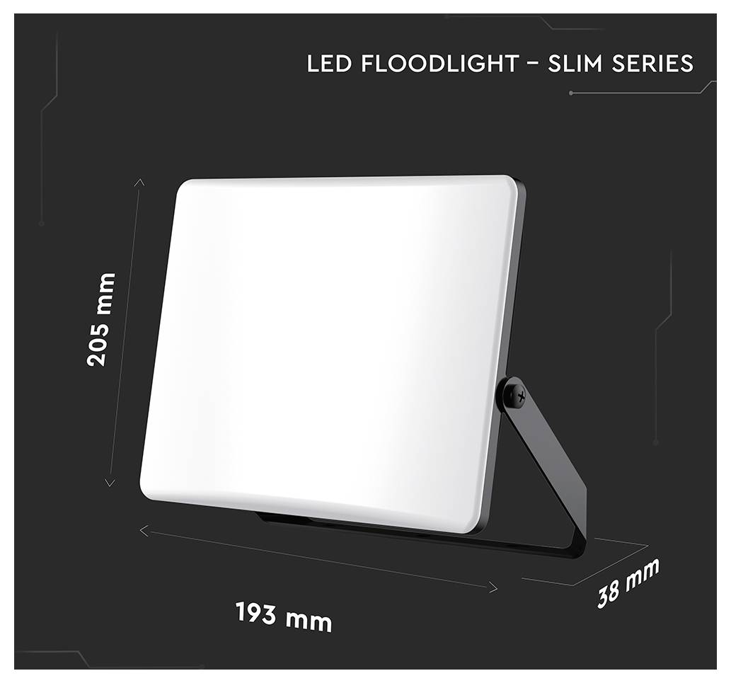 "Tenký LED reflektor" s rozměry: výška 205 mm, šířka 193 mm, hloubka 38 mm. Bílý světelný panel s černým rámem.
