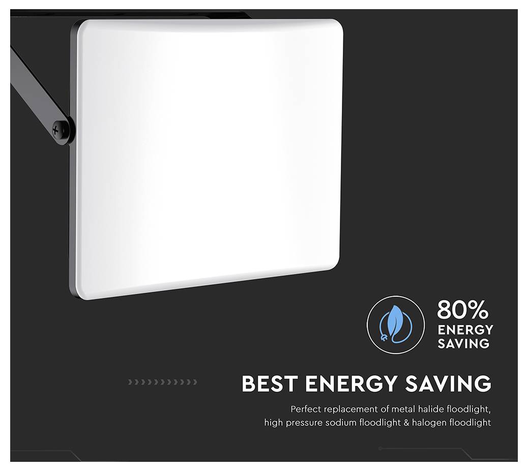 Bílý, obdélníkový LED reflektor s montážním držákem. Text hlásá 'Nejlepší úspora energie'. Ikona ukazuje 80% úsporu energie.