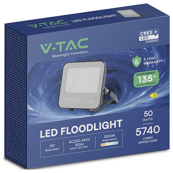 Modrá krabice LED reflektoru V-TAC zobrazuje údaje o produktu: 50 wattů, 5740 lumenů, teplá bílá 3000K, úhel svitu 115°, 6letá záruka.