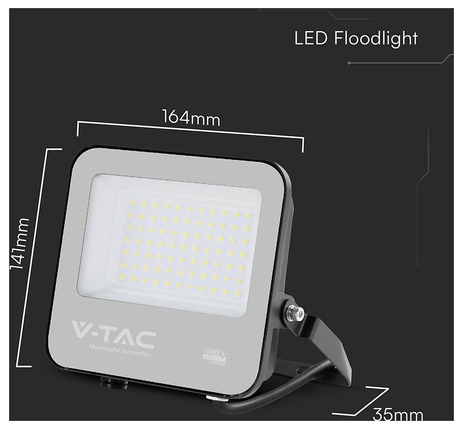 Obdélníkový LED reflektor s rozměry: 164 mm šířka, 141 mm výška a 35 mm hloubka. Označený štítkem 'V-TAC' a 'LED reflektor'.
