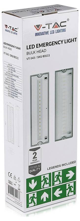 'V-TAC LED nouzové světlo, nástěnné, VT-543, SKU 8311, obsahuje dvě světla, odolná konstrukce, energeticky úsporné, s bezpečnostními symboly únikového východu.'