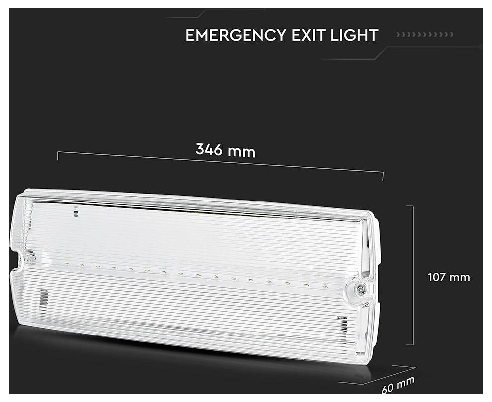 Průhledné nouzové únikové světlo s rozměry: 346 mm široké, 107 mm vysoké a hloubkou 60 mm, zobrazené na tmavém pozadí.