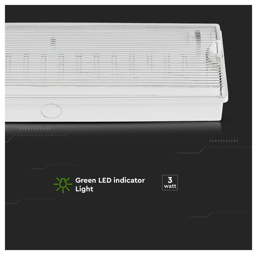Nouzové světlo s průhledným krytem zobrazujícím vnitřní lampy. Dole text uvádí „Zelený LED indikátor" a „3 watty".