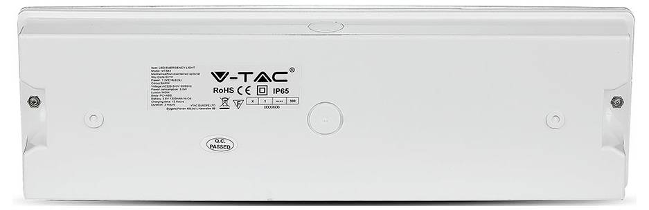 Obdélníkový LED světelný prvek V-TAC, bílý s produktovými štítky, zobrazující shodu s RoHS a IP65, indikující odolnost vůči vodě a prachu.