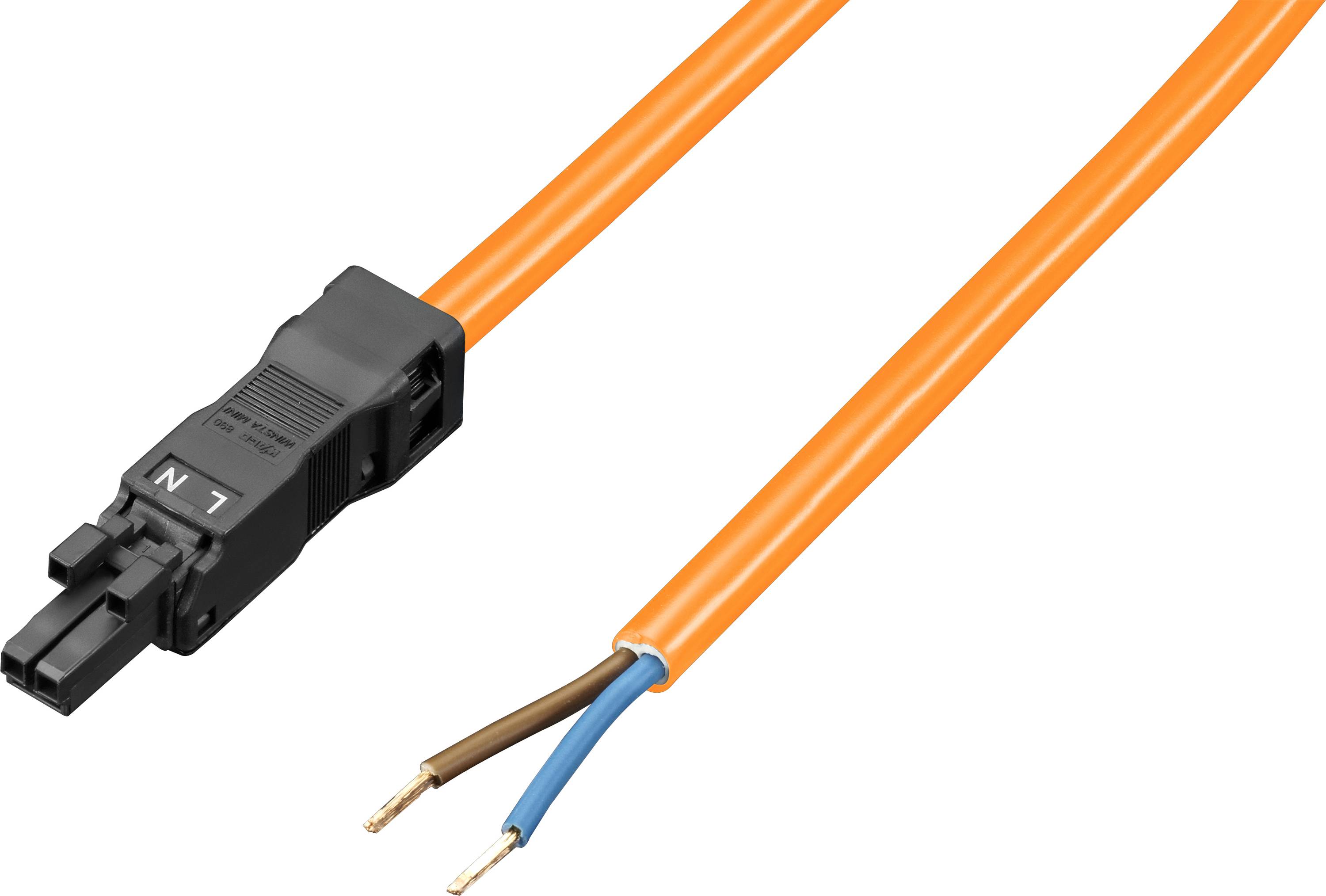 Oranžový elektrický kabel s černou zástrčkou označenou 'L' a 'N'. Konce kabelu jsou odhalené, přičemž je vidět jeden hnědý a jeden modrý vodič.