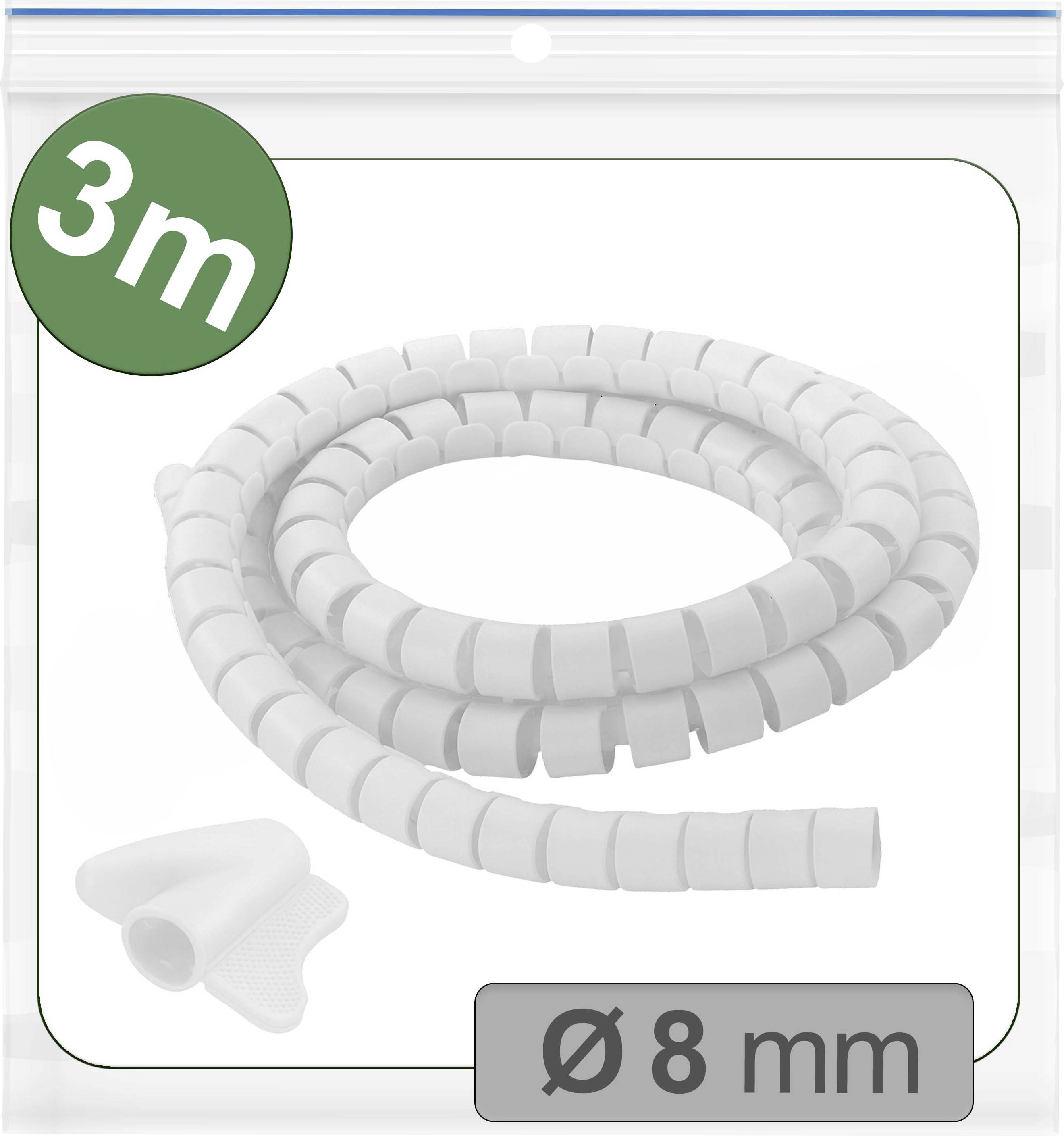 Bílý organizér kabelů, 3 metry dlouhý, průměr 8 mm, stočený v obalu včetně připevňovacích spon.