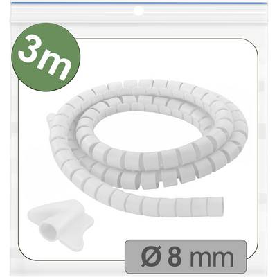 Bílý organizér kabelů, 3 metry dlouhý, průměr 8 mm, stočený v obalu včetně připevňovacích spon.