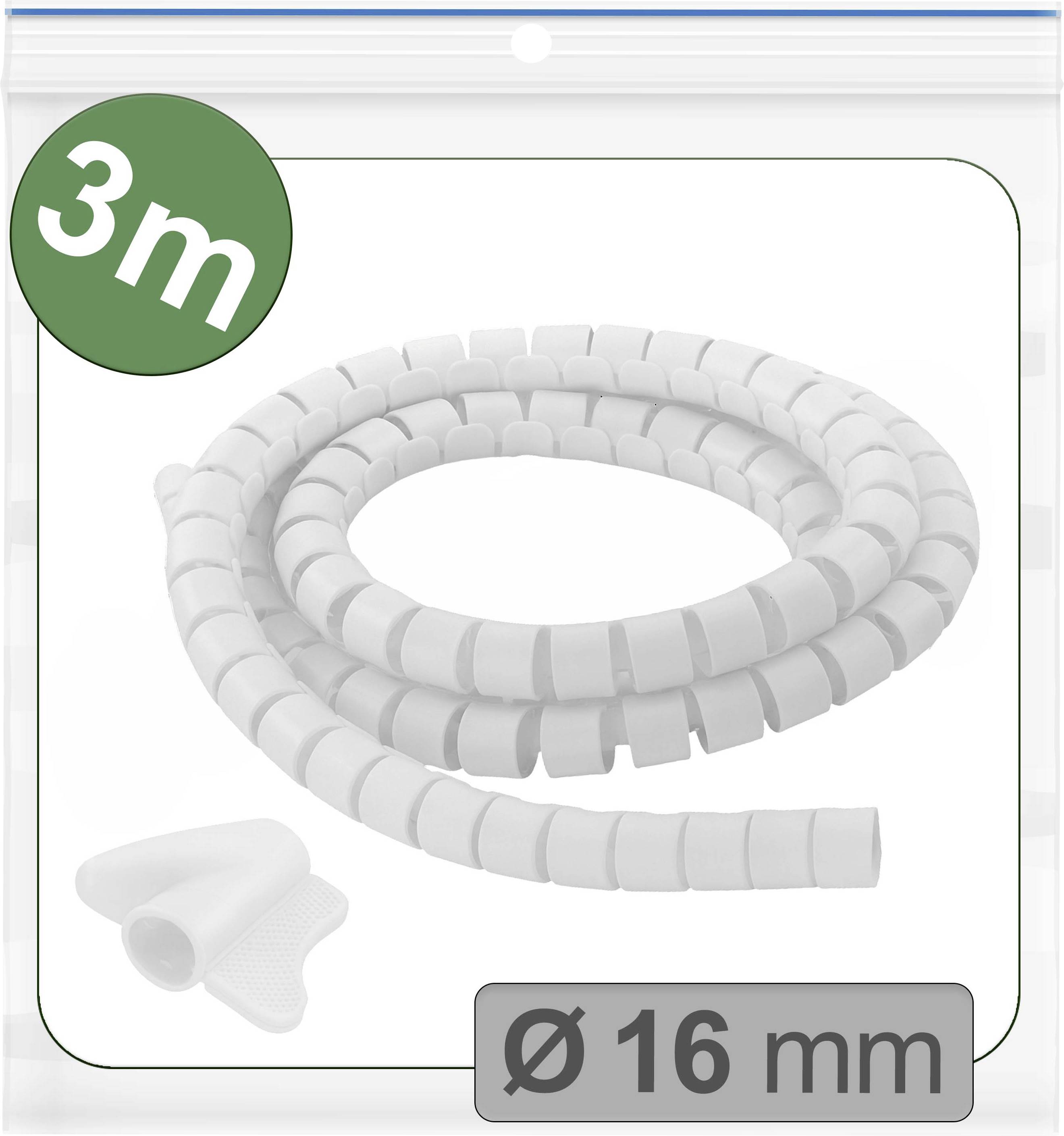 Stočený bílý kabelový organizér, dlouhý 3 metry, zobrazený v průhledném obalu. Etiketa uvádí průměr 16 mm.