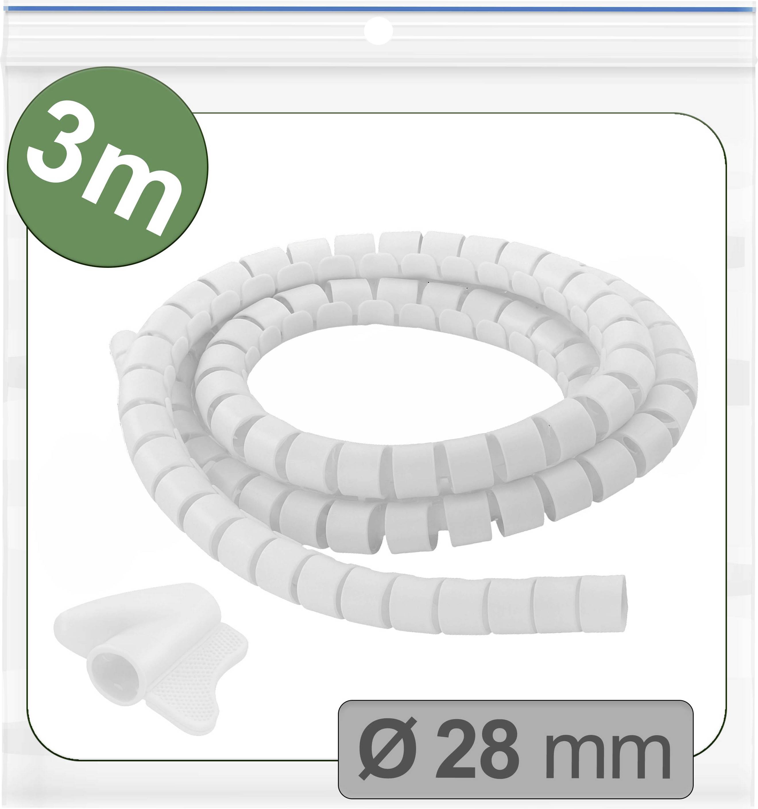 3m délka, 28 mm průměr bílá spirálová kabelová páska navinutá uvnitř průhledného obalu s zelenou etiketou zobrazující '3m'.
