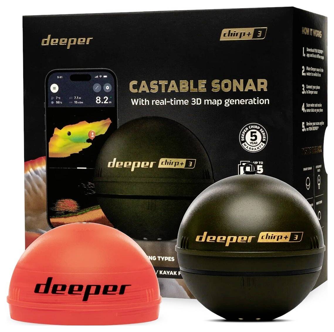 Sonar 'Deeper CHIRP+ 2' v černé a oranžové barvě zobrazený vedle svého obalu. Kompatibilní se smartphony pro mapování v reálném čase ve 3D.
