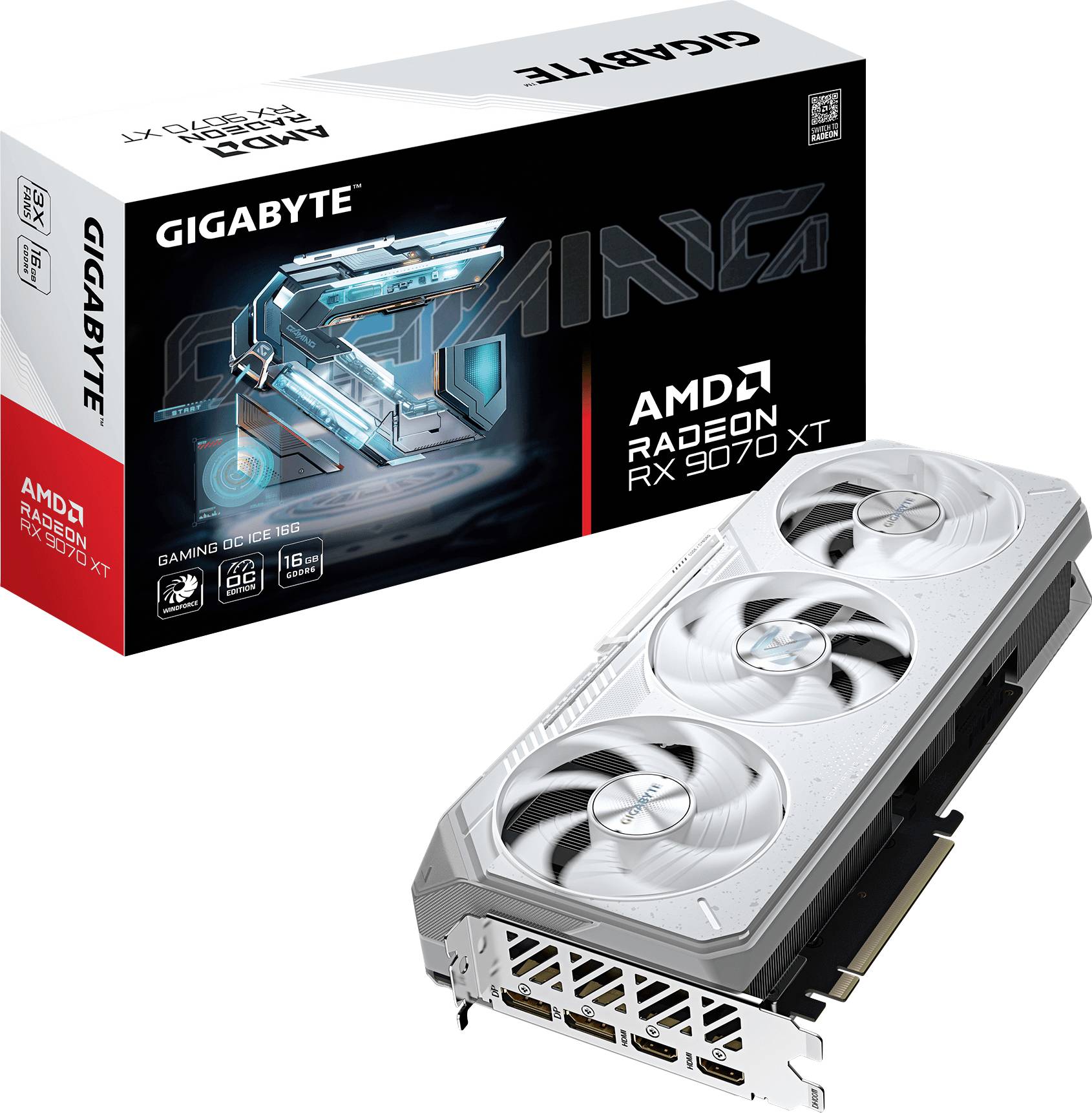 Grafická karta Gigabyte Radeon RX 7900 XT se třemi ventilátory, zobrazená vedle své firemní krabice.