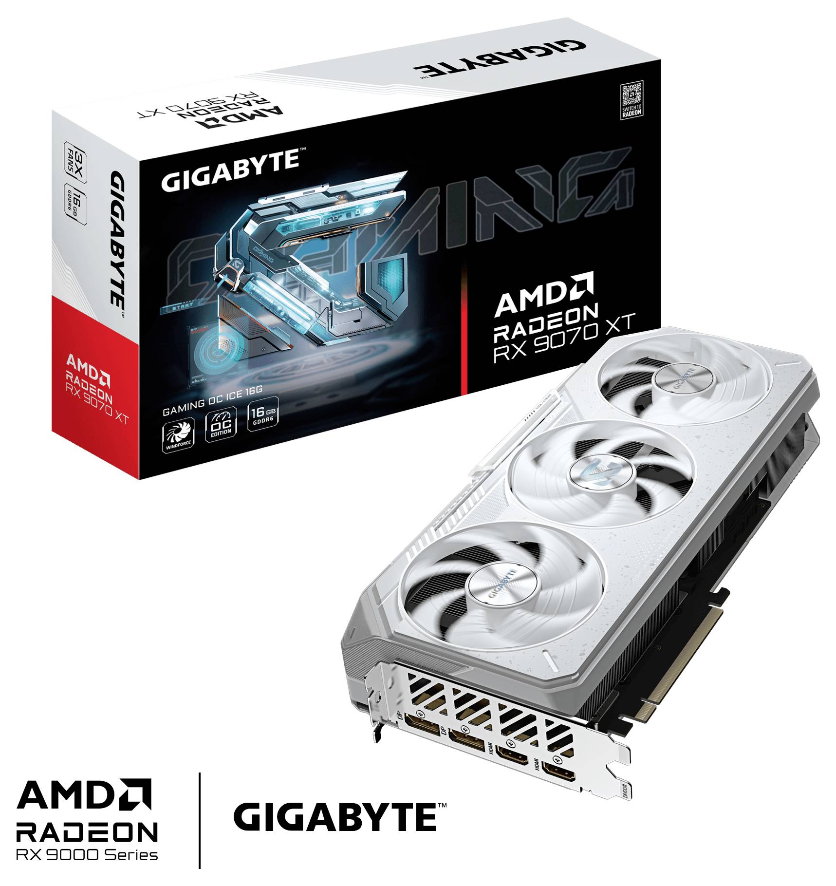Grafická karta 'GIGABYTE AMD Radeon RX 9070 XT' s trojitým chladicím systémem ventilátorů, zobrazená spolu s firemní krabicí s obrázkem produktu.