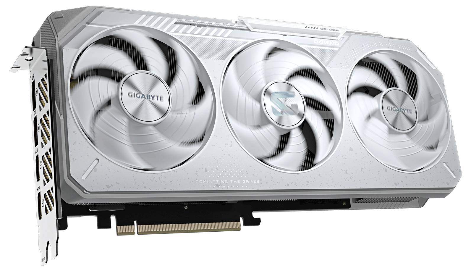 Bílá grafická karta s třemi chladicími ventilátory a názvem značky 'GIGABYTE' na krytu, určená pro vysoce výkonné počítačové zpracování.