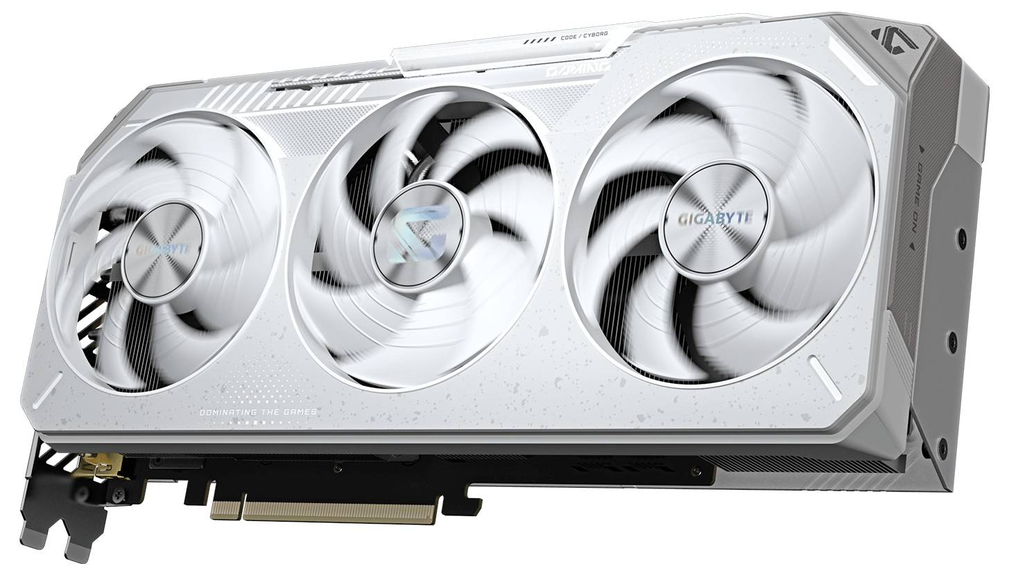 Bílá grafická karta počítače se třemi velkými chladicími ventilátory označenými 'Gigabyte', s elegantním designem a kovovými detaily.