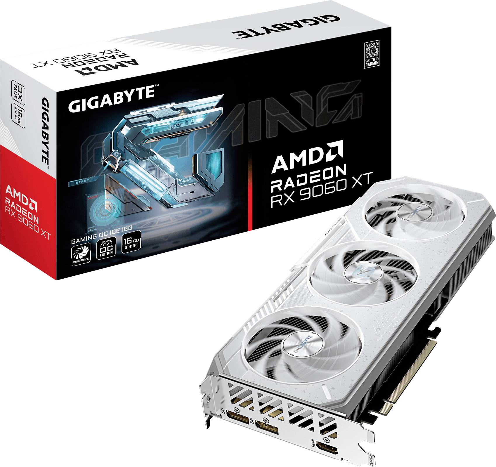 Obrázek ukazuje grafickou kartu Gigabyte AMD Radeon RX 6950 XT a její obal, přičemž zdůrazňuje její tři chladicí ventilátory a značku.