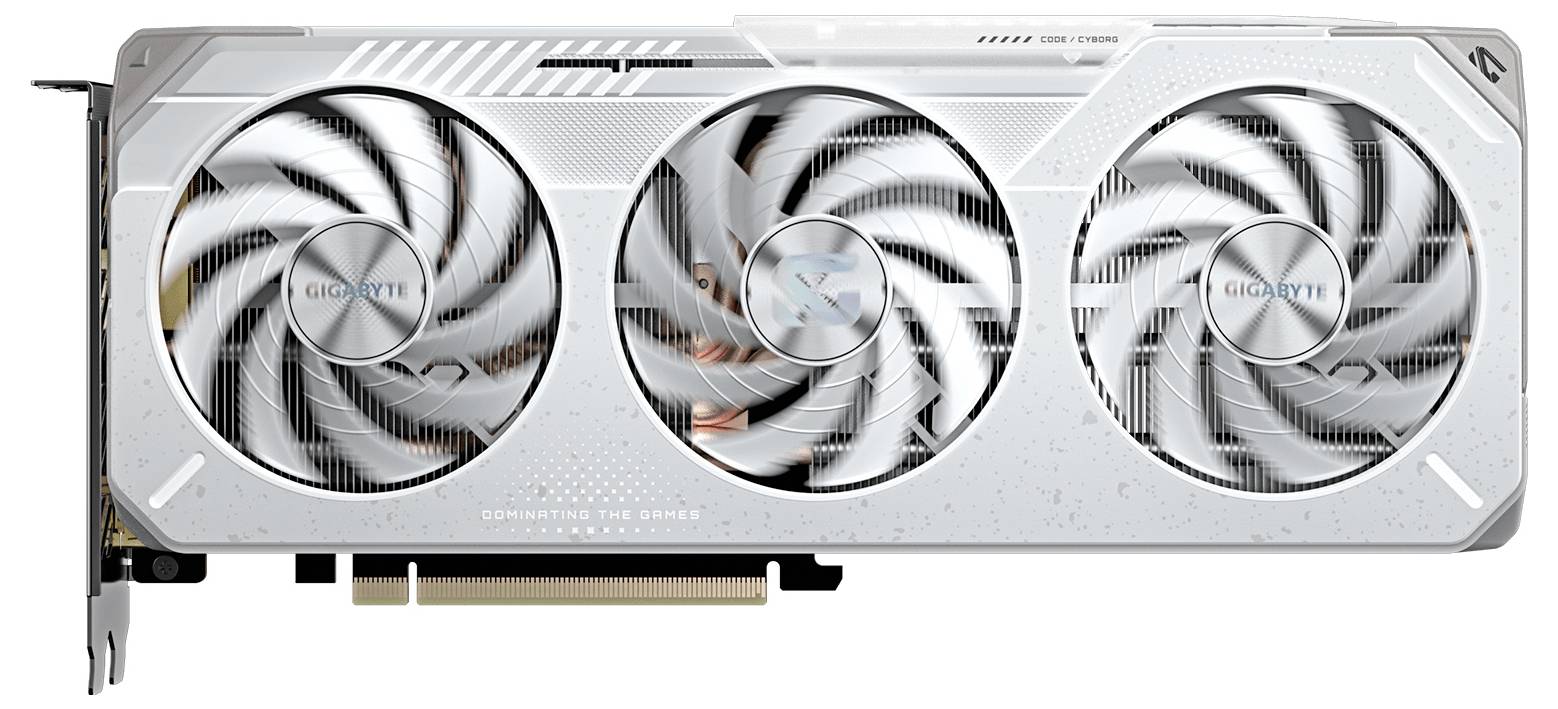 Grafická karta se třemi velkými chladicími ventilátory s logem 'Gigabyte', vyznačující se elegantním bílým a stříbrným designem s viditelnými elektrickými obvody.
