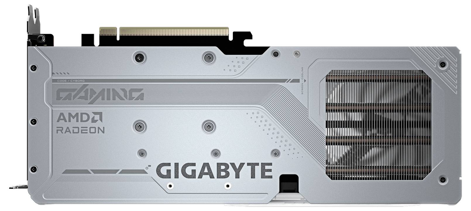 Stříbrná grafická karta Gigabyte s logem AMD Radeon. Ukazuje několik chladicích ventilátorů a elegantní design určený pro herní účely.