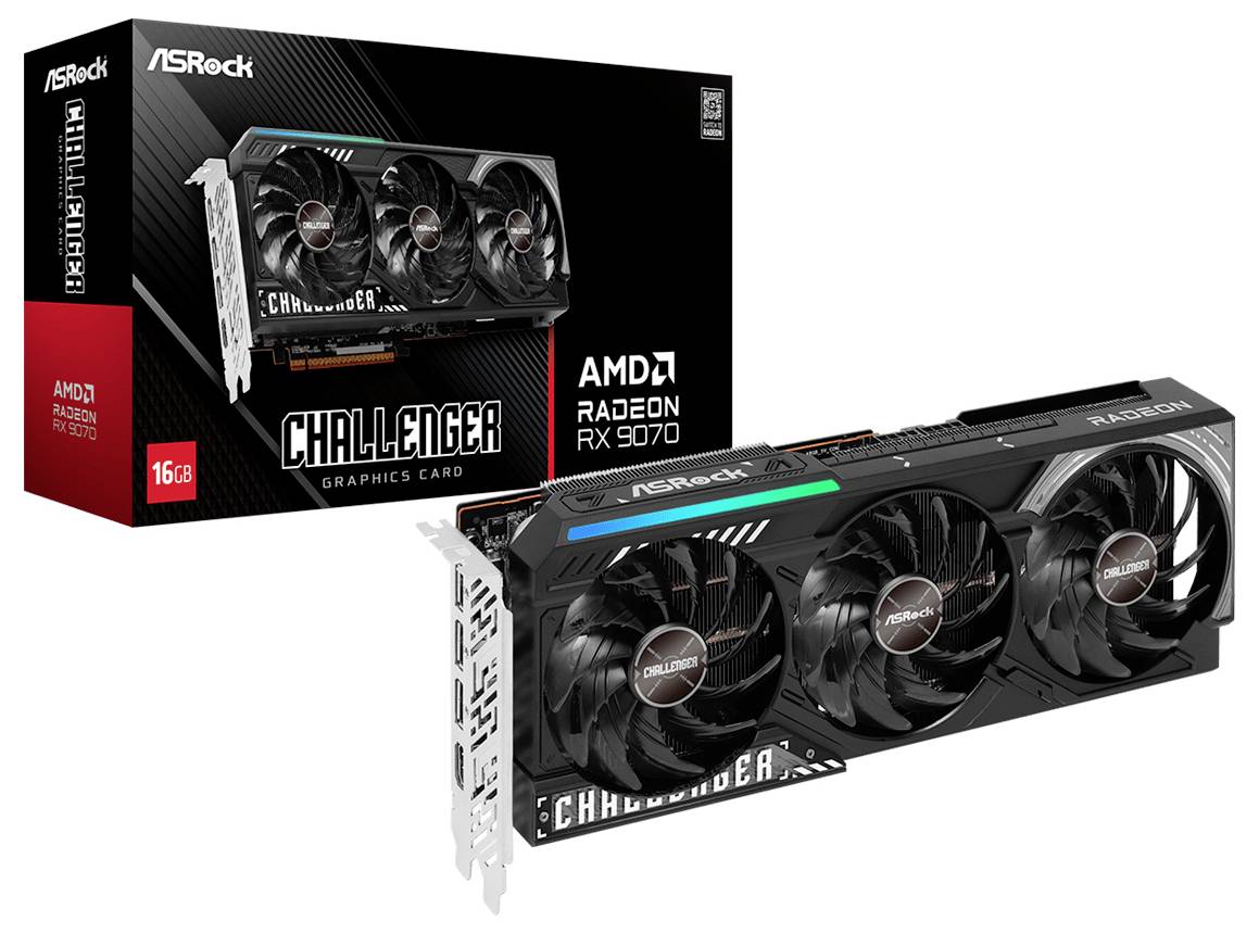 ASRock AMD Radeon RX 7900 Challenger grafická karta s třemi chladicími ventilátory, zobrazena s obalem zdůrazňujícím 16GB paměť.