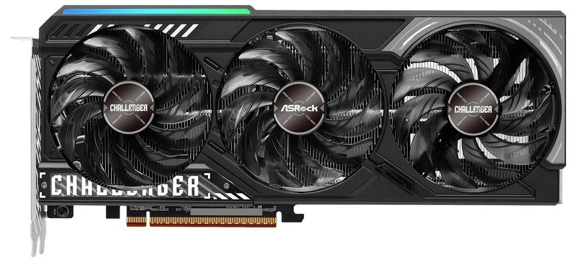 Grafická karta se třemi chladicími ventilátory označenými "Challenger" a "ASRock". Má černý design s konektorem PCIe na spodní straně.