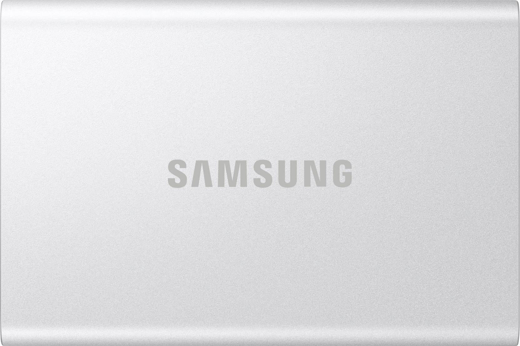 Stříbrný externí hard disk Samsung s logem umístěným uprostřed povrchu, vyznačující se elegantním a minimalistickým designem.