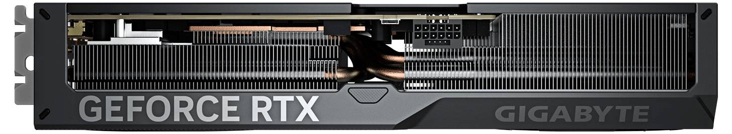 Grafická karta Gigabyte GeForce RTX je zobrazena z pohledu z boku a ukazuje černé a kovové prvky s viditelným chladicím systémem.
