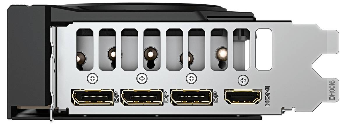 Grafická karta se čtyřmi výstupy DisplayPort uspořádanými vodorovně, umístěná v kovovém rámu s větracími otvory pro cirkulaci vzduchu.