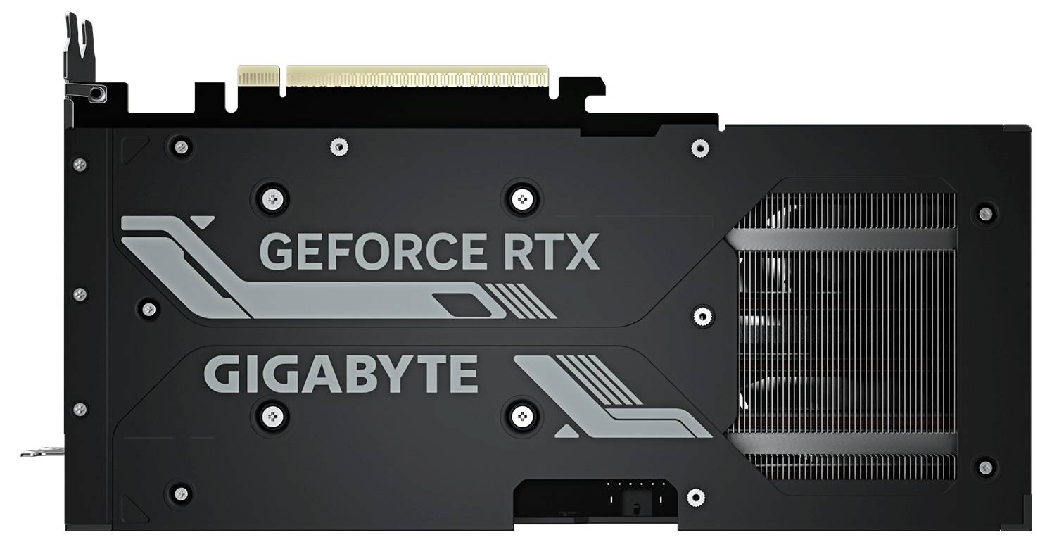 Černá grafická karta Gigabyte s logem 'GeForce RTX', prezentující design zadní desky a vlastnosti odvodu tepla.