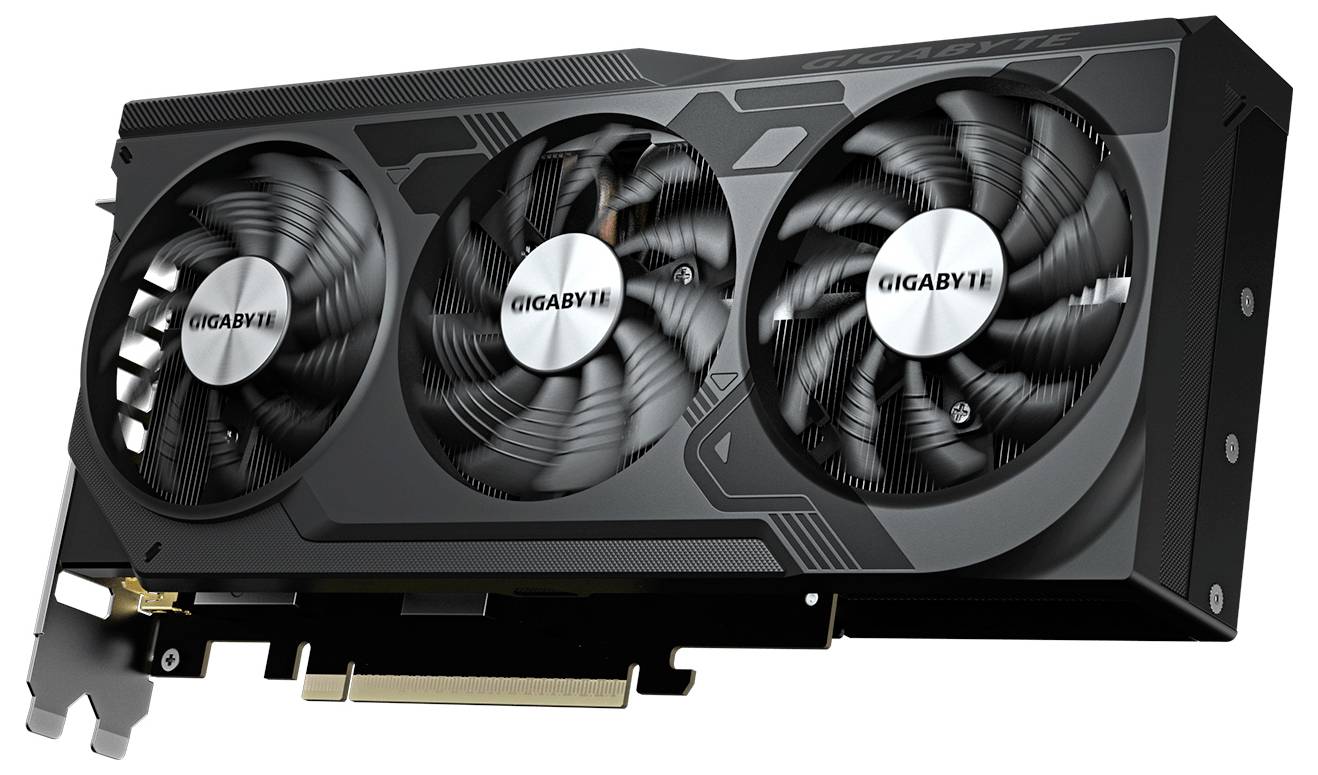 Černá grafická karta Gigabyte se třemi chladicími ventilátory a PCIe konektorem, pohled z úhlu.