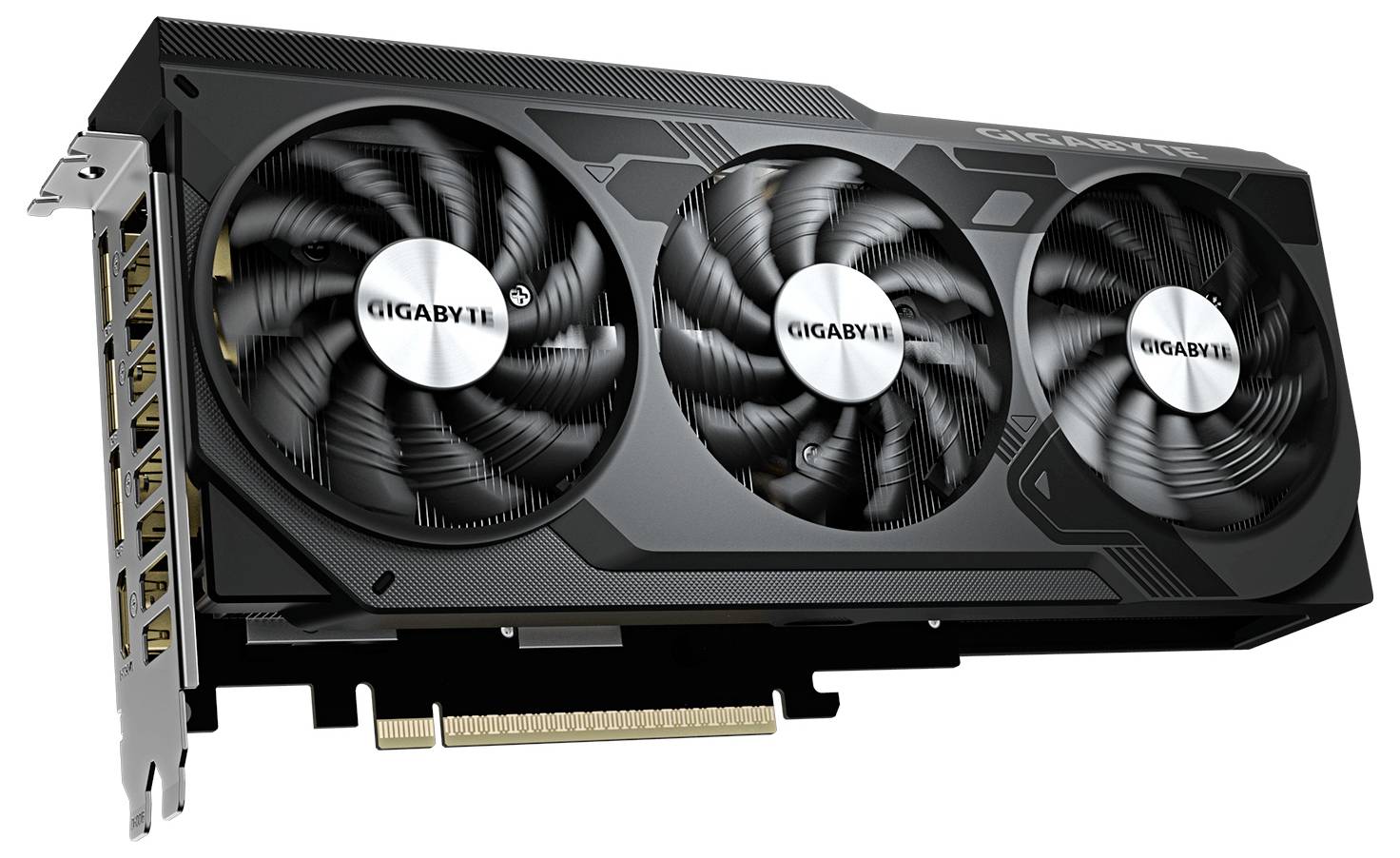 Grafická karta s třemi chladicími ventilátory a názvem značky 'Gigabyte' viditelným na krytu.