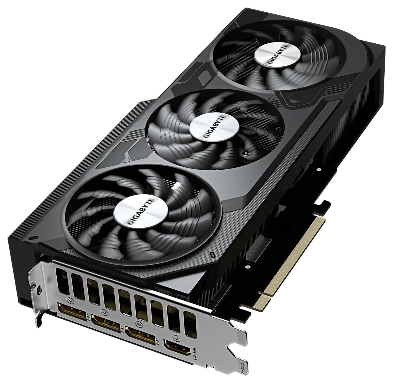Černá grafická karta s třemi chladicími ventilátory, označená štítkem 'GIGABYTE'. Karta disponuje několika výstupními porty a elegantním designem.