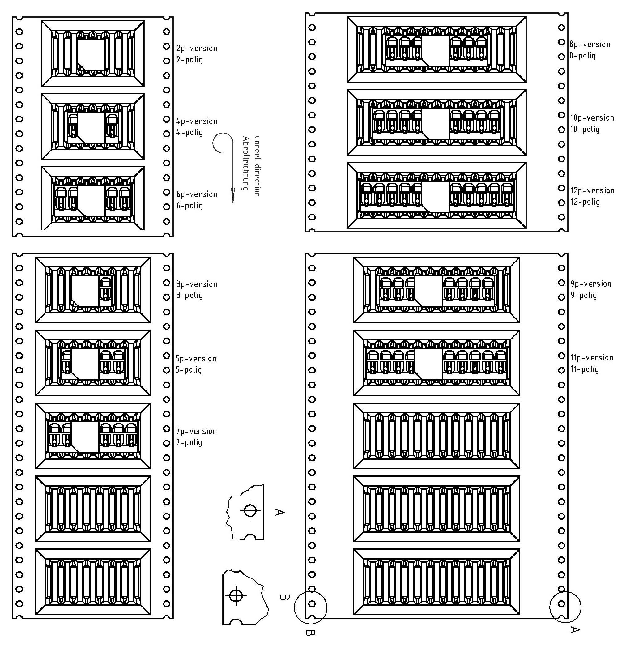 Diagram znázorňující konfigurace elektrických konektorů označených jako verze 0p až 12p s podrobnostmi o uspořádání konektorů.