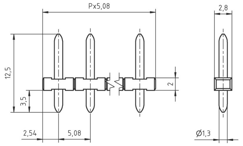 Technický diagram kolíkové lišty PCB. Ukazuje rozměry: výška 12,5 mm, rozteč 2,54 mm, průměr kolíku 1,3 mm.