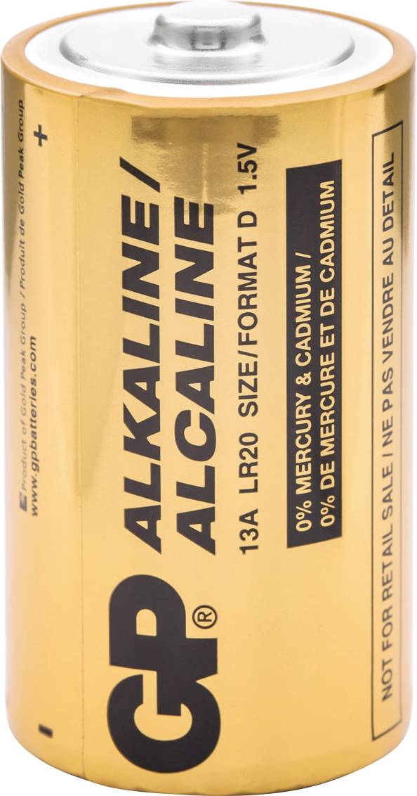 Válcový zlatý článek označený "GP Alkaline" s nápisem "1,5 V" a "0% rtuti a kadmia". Pozitivní pól nahoře, negativní dole.