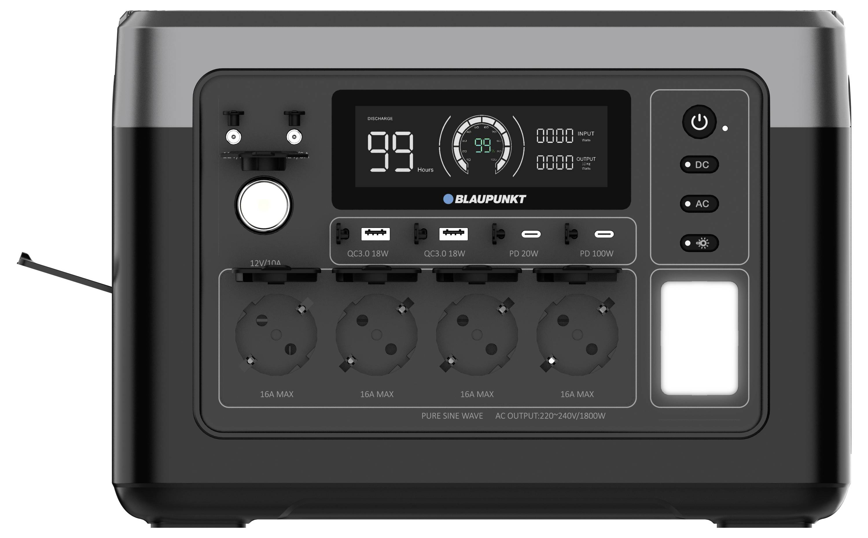 Přenosná elektrárna Blaupunkt s digitálním displejem, zásuvkami AC, porty USB, tlačítkem napájení a jasným LED osvětlením na pravé straně.