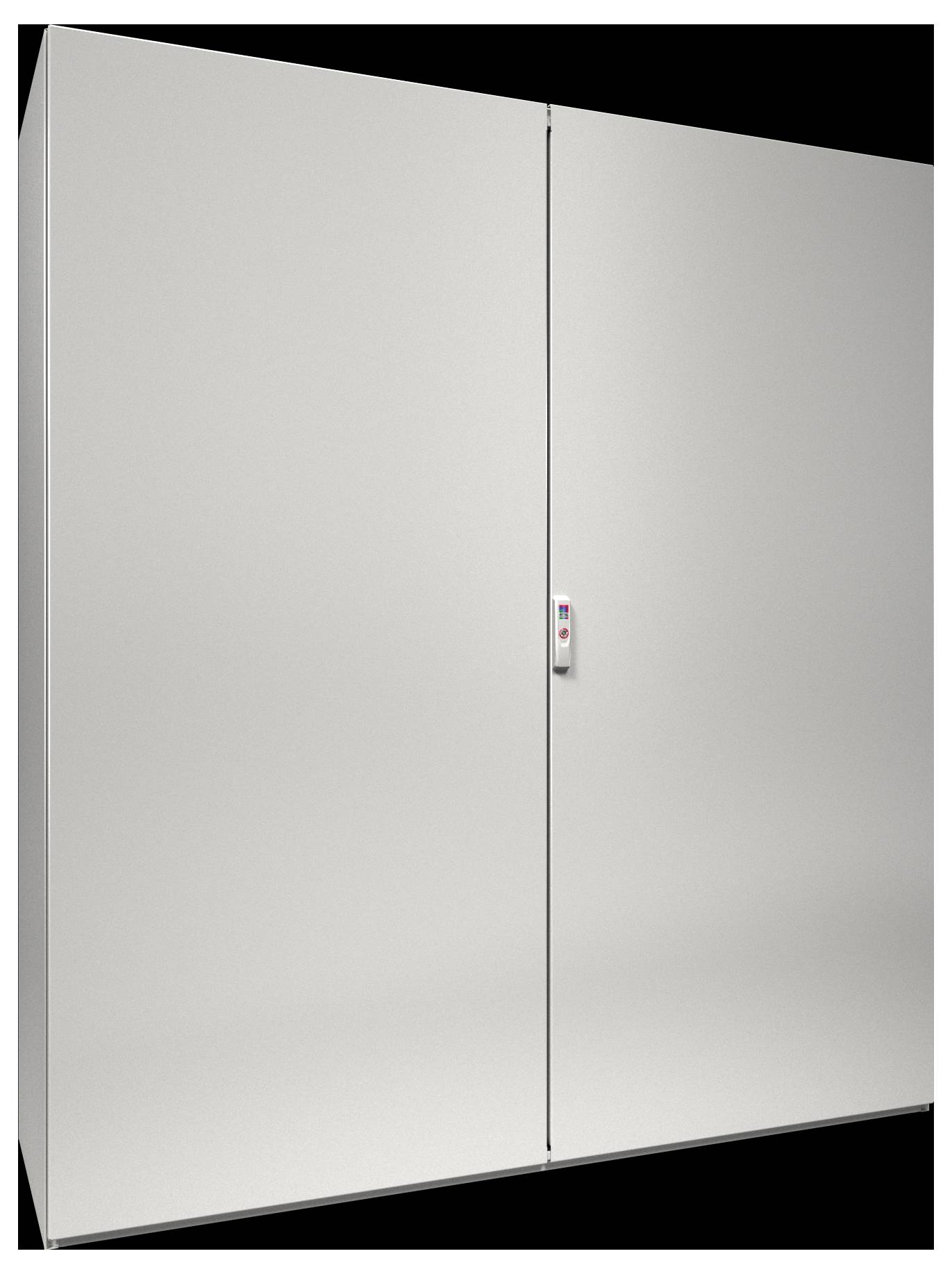 Prostý, uzavřený šedý kovový kabinet s centrálním švem a malou klikou na pravých dveřích, umístěný proti neutrálnímu pozadí.