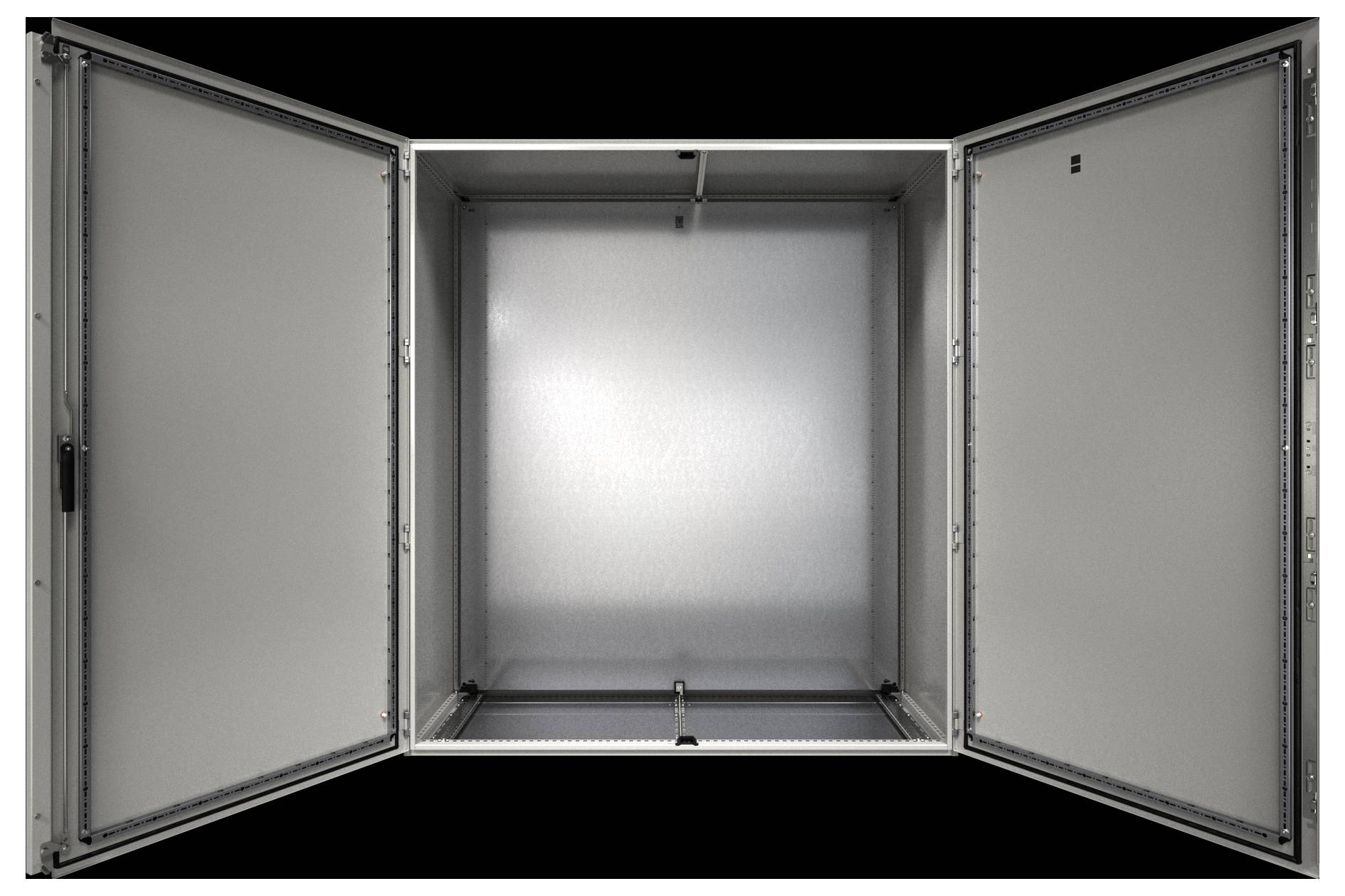 Otevřený kovový kryt se třemi přihrádkami, ke kterým se lze dostat pomocí pantových dvířek. Vnitřek je prázdný a neosvětlený na tmavém pozadí.