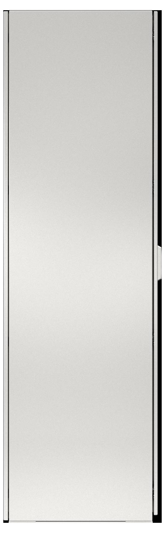 Vysoké, úzké obdélníkové zrcadlo s minimalistickým designem, rovnoměrně odrážející světlo po celém svém povrchu.