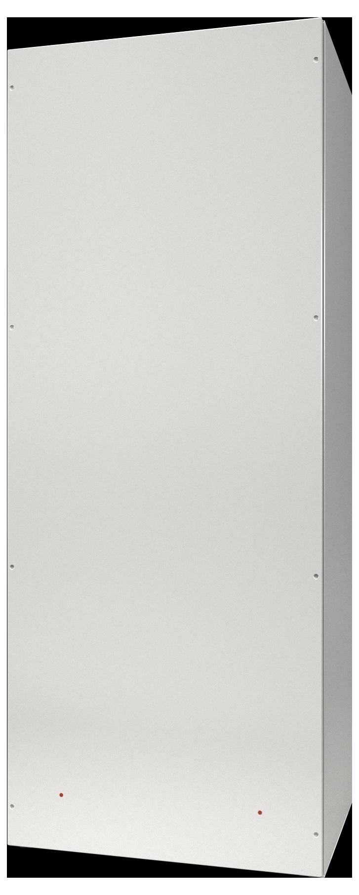 Vysoký, obdélníkový kovový panel s hladkým povrchem a malými červenými tečkami poblíž dolního okraje.