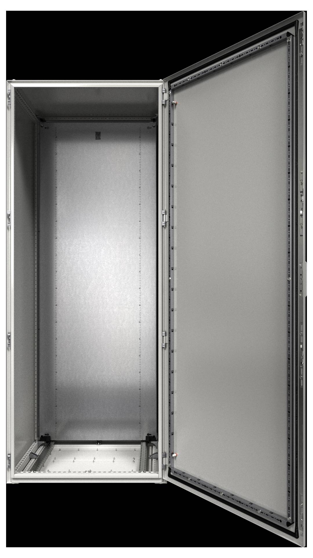 Otevřená, prázdná serverová skříň s prostým interiérem, pohled zepředu s otevřenými dveřmi na pravé straně.