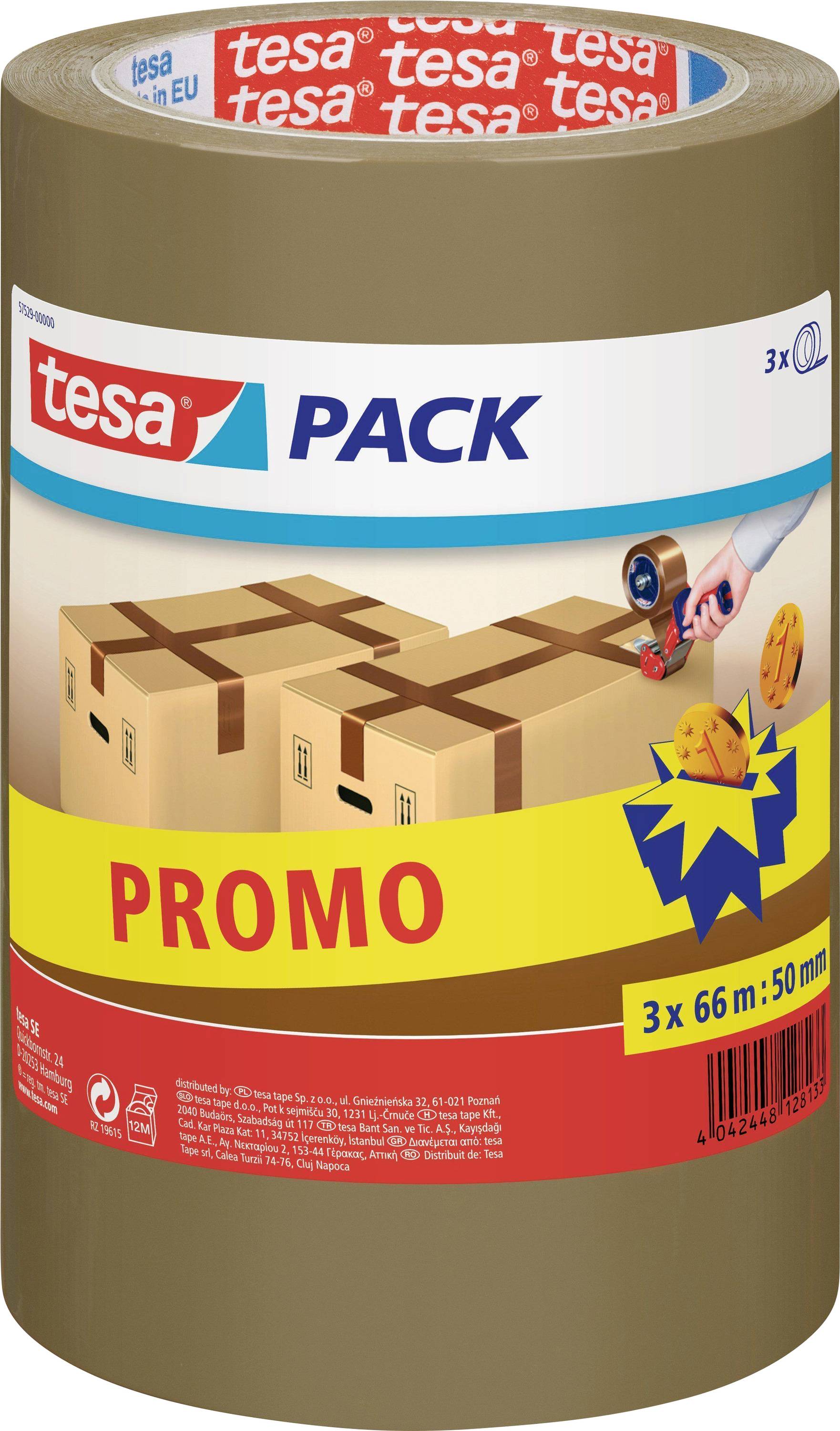 Hnědá role balicí pásky tesa s logem „tesa PACK", zobrazující propagační balení pro utěsňování kartónových krabic, velikost 66m x 50mm.