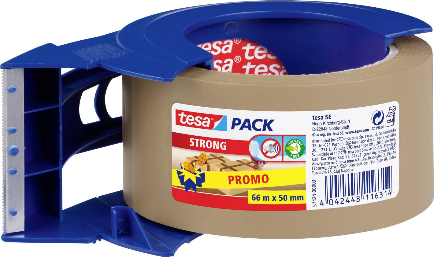 Hnědá role Tesa Strong balicí pásky s modrým zásobníkem, označená "PROMO", 66m x 50mm.
