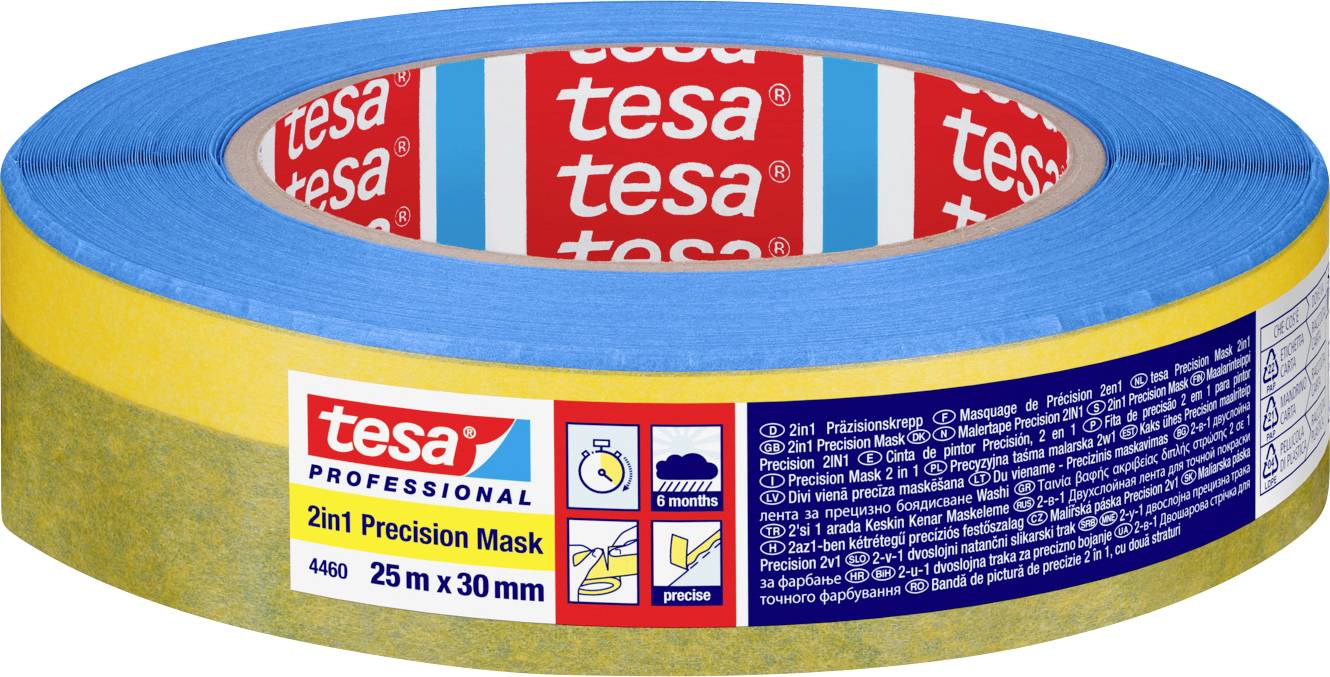 Role lepicí pásky s označením 'tesa professional 2in1 Precision Mask 25m x 30mm' s modrými a žlutými vrstvami; vhodná pro přesné hrany.