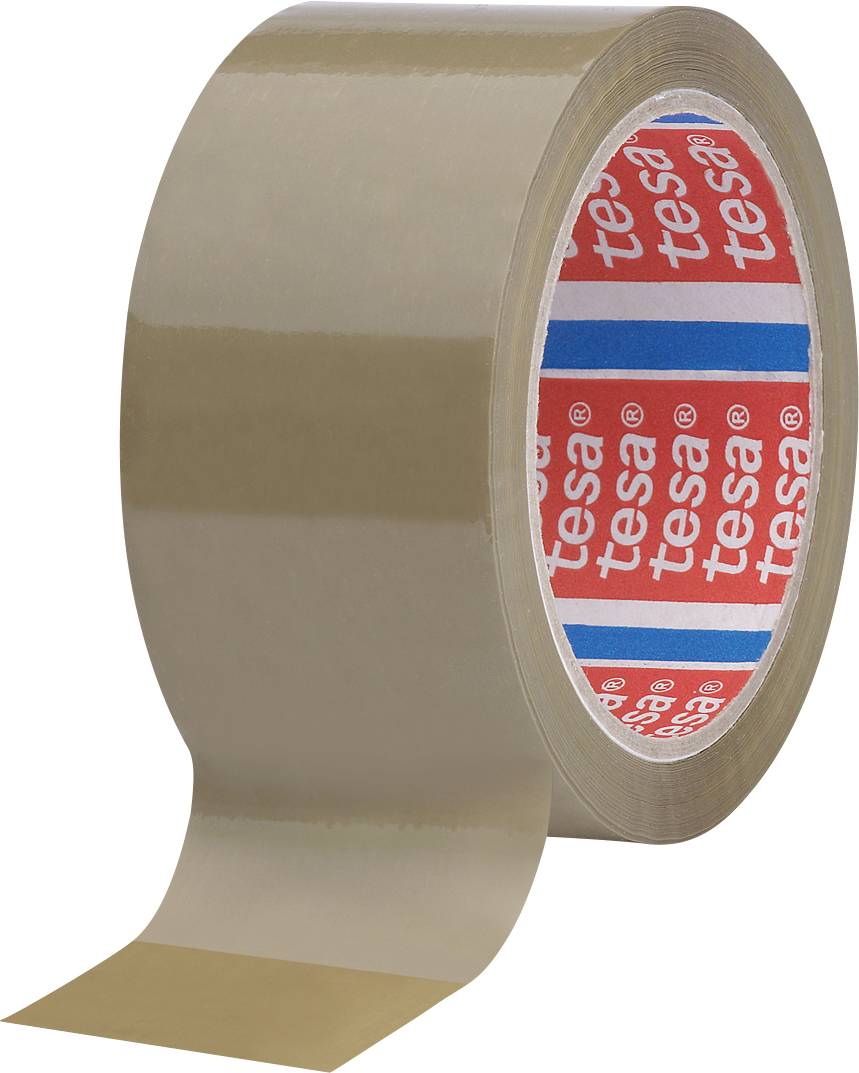 Roli „hnědé balicí pásky" mírně rozvinující, ukazující logo značky „tesa" na červeno-modrém vnitřním štítku.