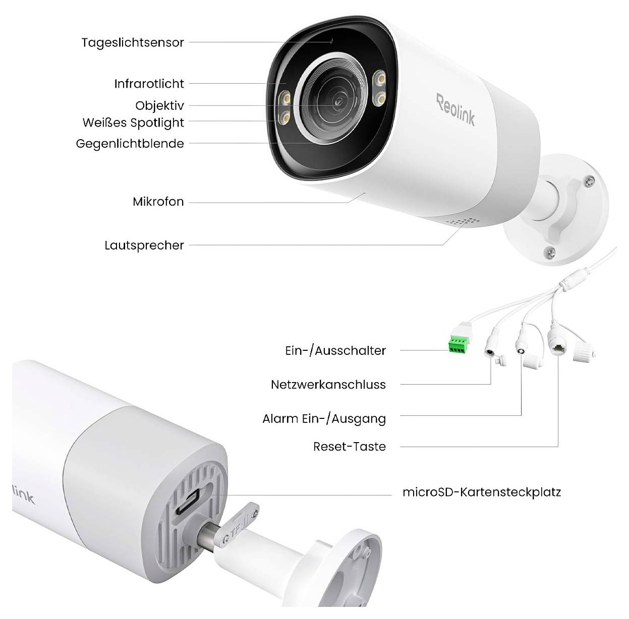 Sledovací kamera s denním světelným senzorem, infračerveným světlem, objektivem, mikrofonem, reproduktorem, slotem na microSD kartu a síťovým kabelovým připojením.