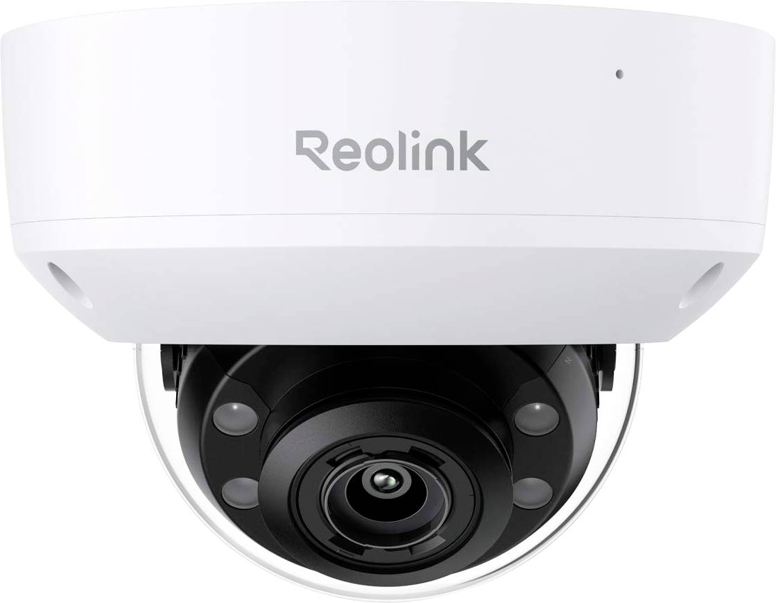 Bílá bezpečnostní kamera Reolink s černým objektivem, orientovaná čelně, určená pro video monitoring a sledování.